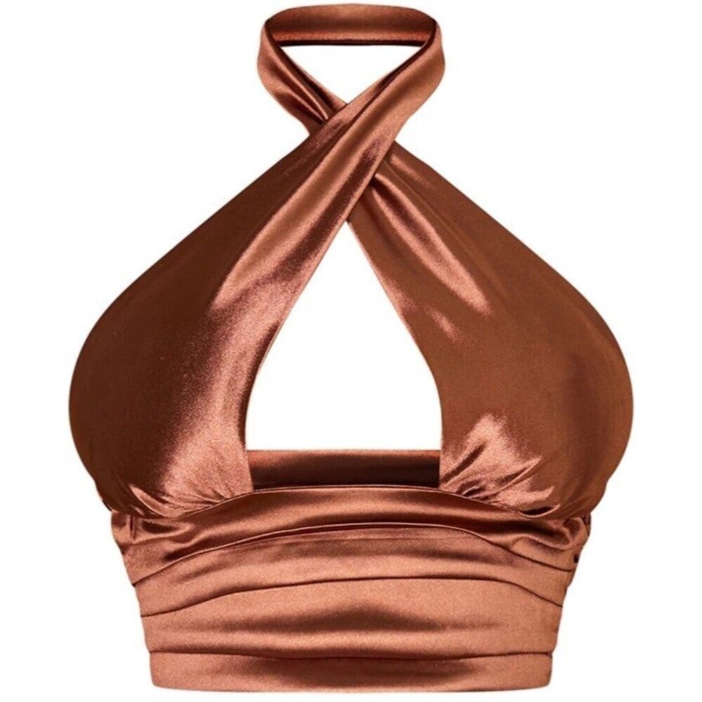 prettylittlething Chocolate Satin Cross Front Ruched Waist Halterneck Crop Top